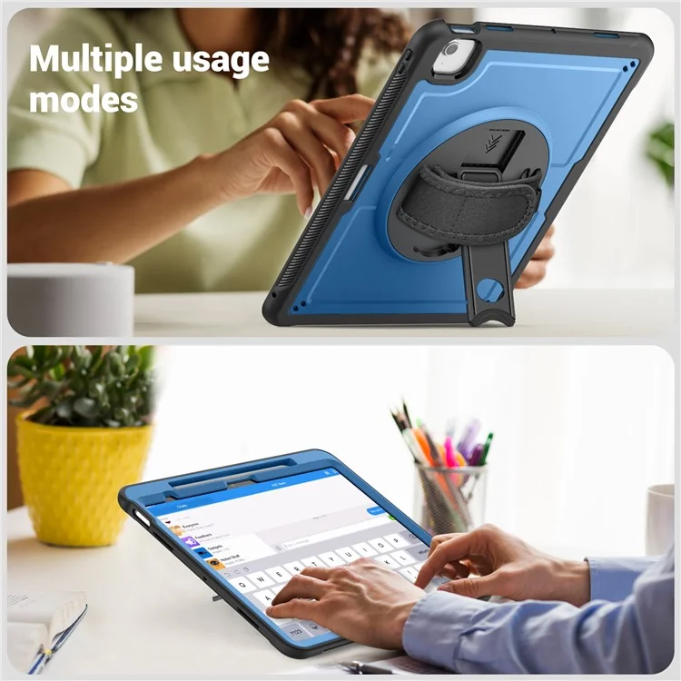 For iPad Air 13 (2025) M3 A3268  /  (2024) M2 Case Kickstand PC TPE Tablet Cover with Hand Strap - Navy Blue