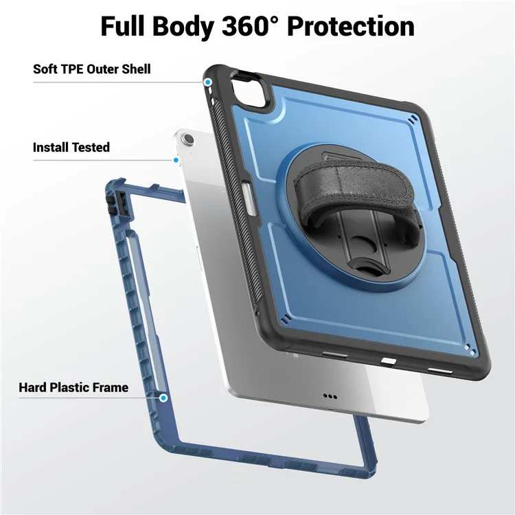 For iPad Air 13 (2025) M3 A3268  /  (2024) M2 Case Kickstand PC TPE Tablet Cover with Hand Strap - Navy Blue