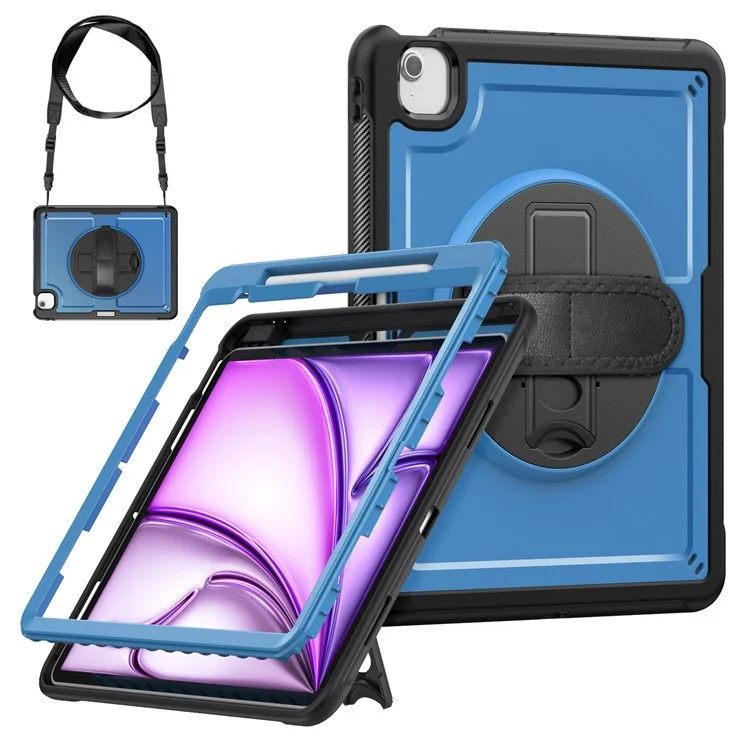 Capa para iPad Air 13 (2025) M3 A3268 / (2024) M2 com Suporte, PC + TPE, Alça de Mão e Ombro - Azul Marinho