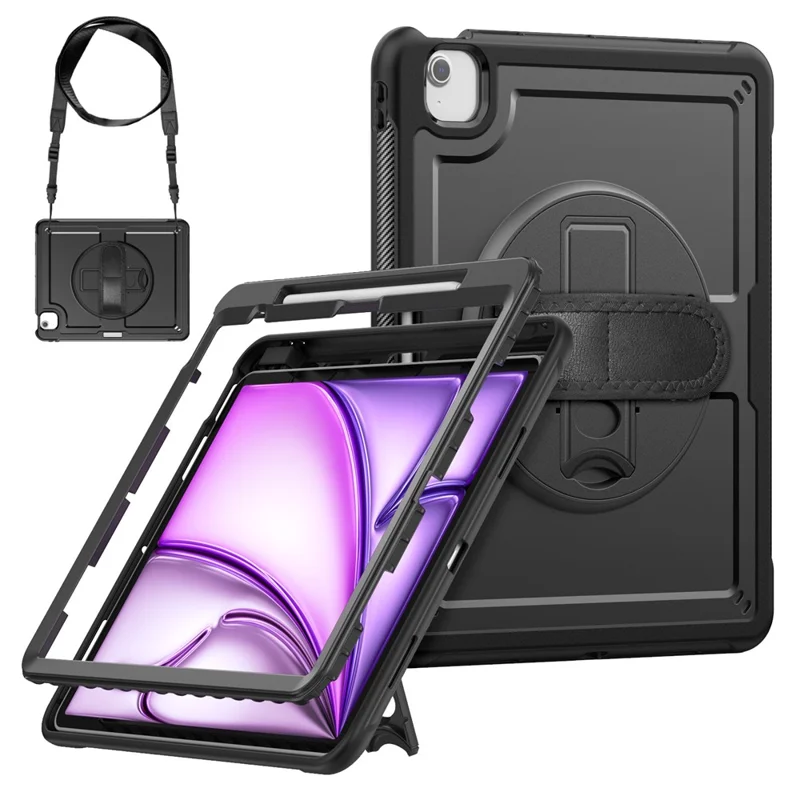For iPad Air 13 (2026) / (2025) / (2024) Case Kickstand PC + TPE Tablet Cover with Hand Strap and Shoulder Strap - Black