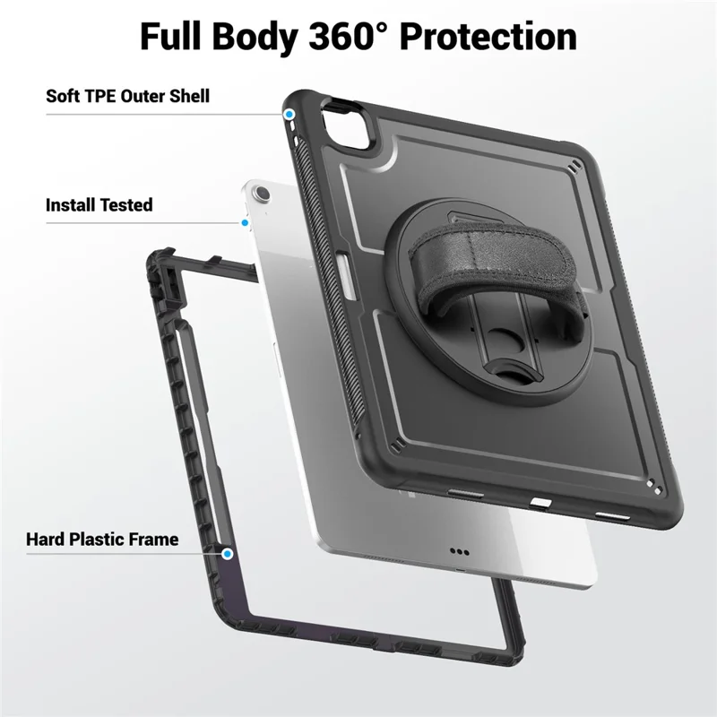 For iPad Air 13 (2026) / (2025) / (2024) Case Kickstand PC + TPE Tablet Cover with Hand Strap and Shoulder Strap - Black