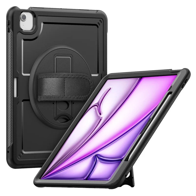 For iPad Air 13 (2026) / (2025) / (2024) Case Kickstand PC + TPE Tablet Cover with Hand Strap and Shoulder Strap - Black