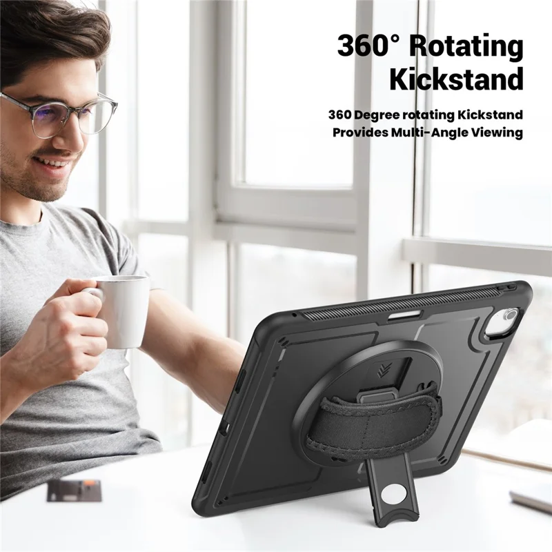 For iPad Air 13 (2026) / (2025) / (2024) Case Kickstand PC + TPE Tablet Cover with Hand Strap and Shoulder Strap - Black