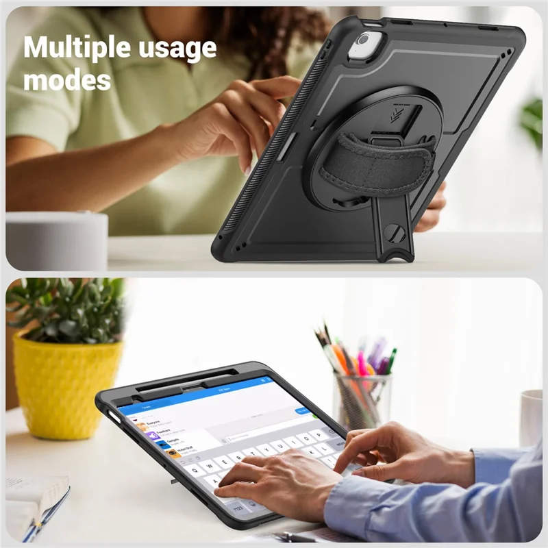 For iPad Air 13 (2026) / (2025) / (2024) Case Kickstand PC + TPE Tablet Cover with Hand Strap and Shoulder Strap - Black