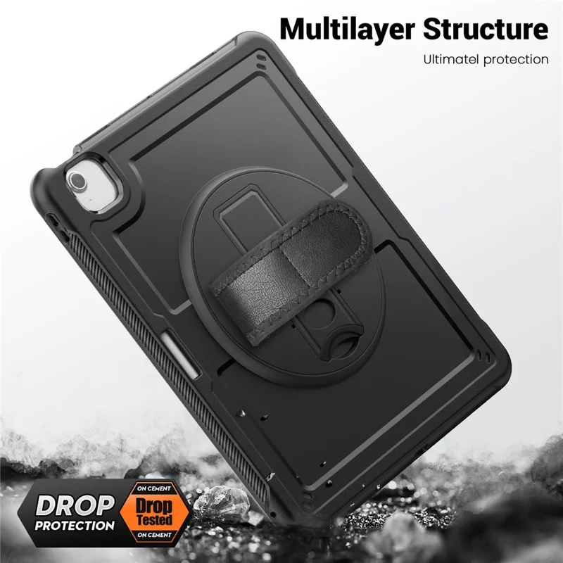 For iPad Air 13 (2026) / (2025) / (2024) Case Kickstand PC + TPE Tablet Cover with Hand Strap and Shoulder Strap - Black