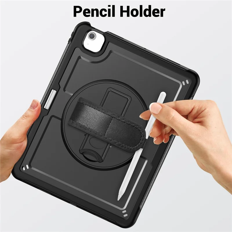 For iPad Air 13 (2026) / (2025) / (2024) Case Kickstand PC + TPE Tablet Cover with Hand Strap and Shoulder Strap - Black