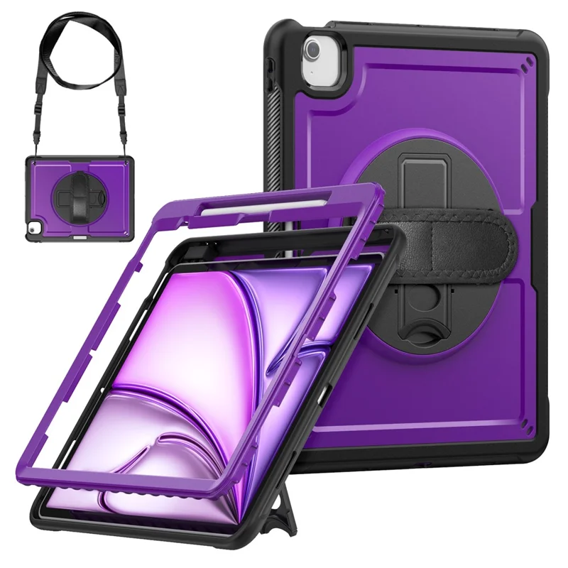 For iPad Air 13 (2026) / (2025) / (2024) Case Kickstand PC + TPE Tablet Cover with Hand Strap and Shoulder Strap - Purple