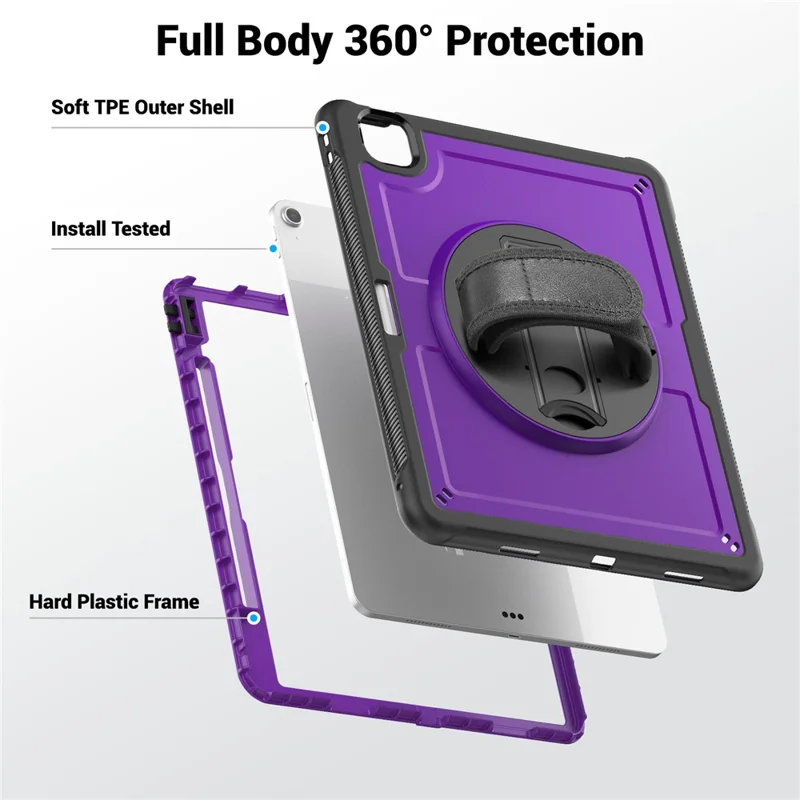 For iPad Air 13 (2026) / (2025) / (2024) Case Kickstand PC + TPE Tablet Cover with Hand Strap and Shoulder Strap - Purple