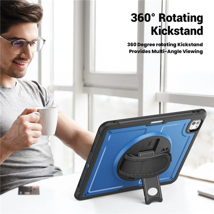 For iPad Pro 13 (2024) M4 Case Kickstand PC TPE Tablet Cover with Hand Strap - Navy Blue