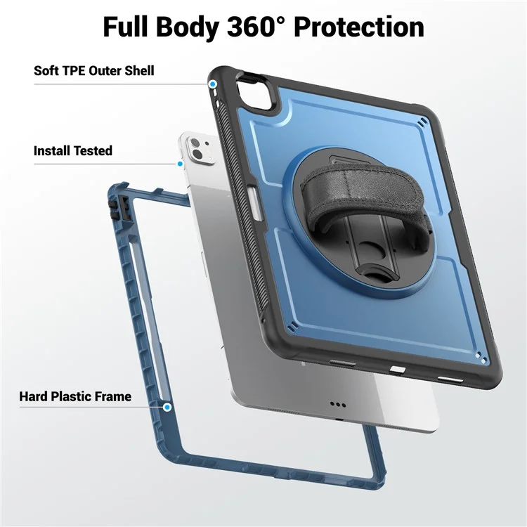 For iPad Pro 13 (2024) M4 Case Kickstand PC TPE Tablet Cover with Hand Strap - Navy Blue