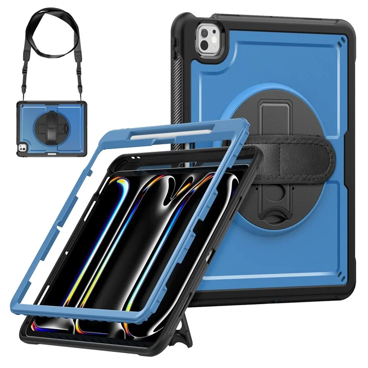 For iPad Pro 13 (2024) M4 Case Kickstand PC + TPE Tablet Cover with Hand Strap and Shoulder Strap - Navy Blue