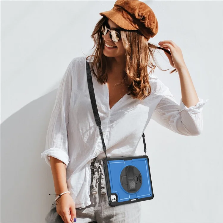 For iPad Pro 13 (2024) M4 Case Kickstand PC + TPE Tablet Cover with Hand Strap and Shoulder Strap - Navy Blue