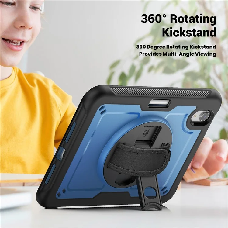 For iPad mini (2024)  /  (2021) Case Kickstand PC TPE Tablet Cover with Hand Strap - Navy Blue