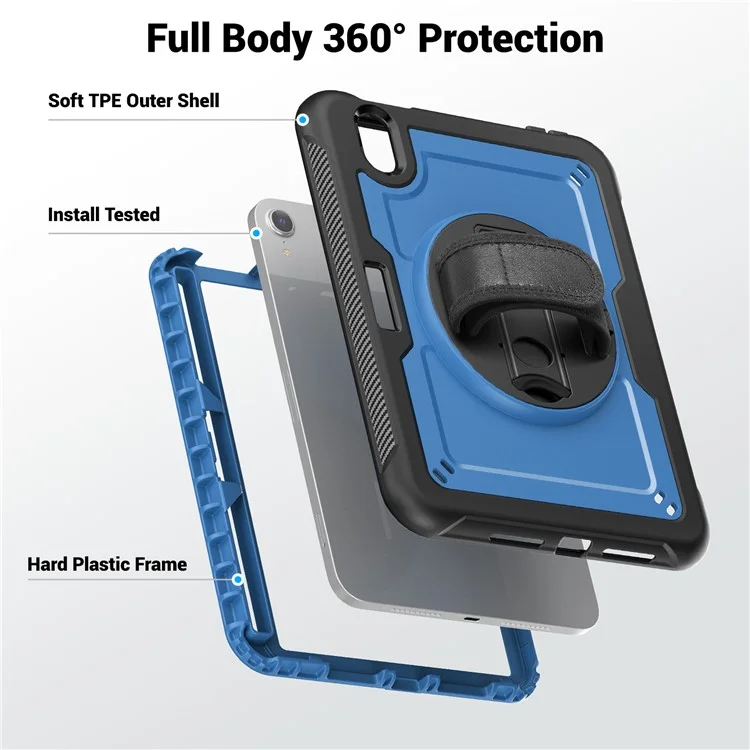 For iPad mini (2024)  /  (2021) Case Kickstand PC TPE Tablet Cover with Hand Strap - Navy Blue