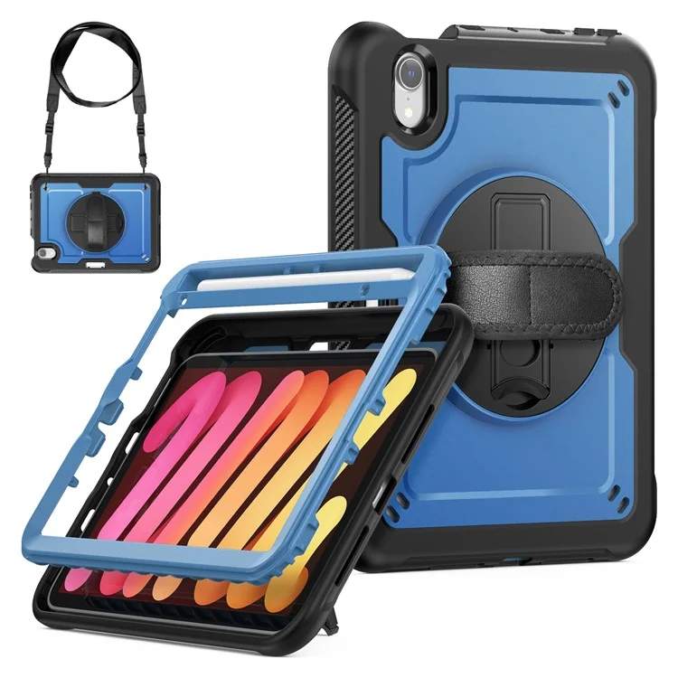 For iPad mini (2024)  /  (2021) Case Kickstand PC + TPE Tablet Cover with Hand Strap and Shoulder Strap - Navy Blue