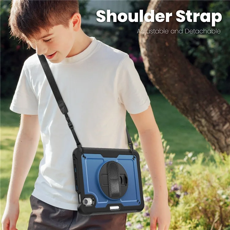 For iPad mini (2024)  /  (2021) Case Kickstand PC + TPE Tablet Cover with Hand Strap and Shoulder Strap - Navy Blue
