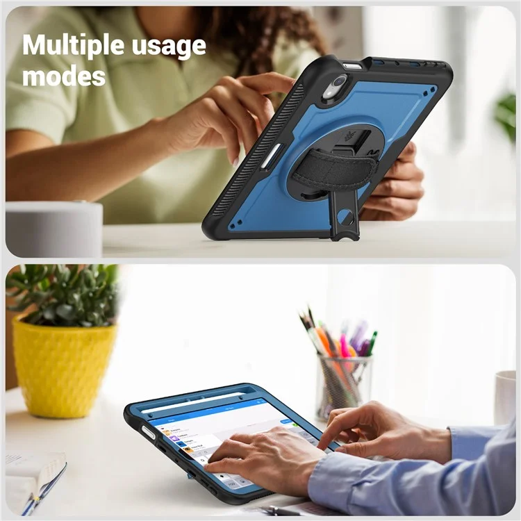 For iPad mini (2024)  /  (2021) Case Kickstand PC + TPE Tablet Cover with Hand Strap and Shoulder Strap - Navy Blue