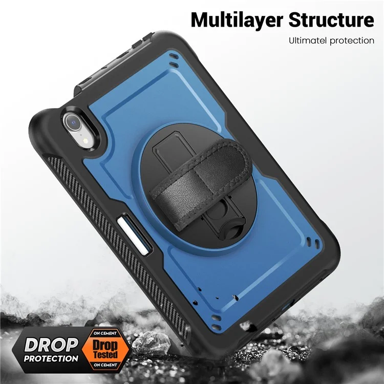 For iPad mini (2024)  /  (2021) Case Kickstand PC + TPE Tablet Cover with Hand Strap and Shoulder Strap - Navy Blue