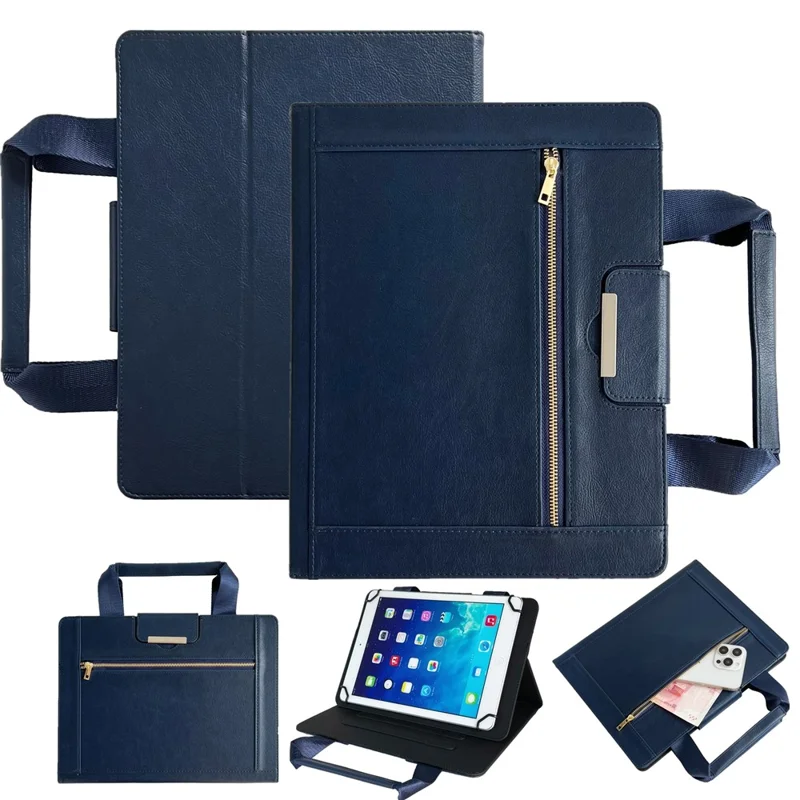 For Universal 8 inch Tablet Case with Handle / Zipper Pouch PU Leather Shockproof Cover - Sapphire