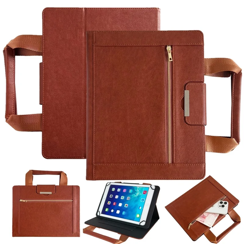 For Universal 8 inch Tablet Case with Handle / Zipper Pouch PU Leather Shockproof Cover - Brown