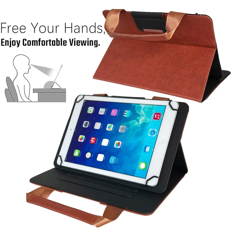 For Universal 8 inch Tablet Case with Handle / Zipper Pouch PU Leather Shockproof Cover - Brown