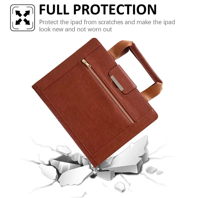 Tablet Case for iPad Air 11 (2025) / (2024) / Pro 11 (2022) / Air (2022) / (2020) Auto Wake / Sleep Leather Cover with Handle / Zipper Pouch - Brown