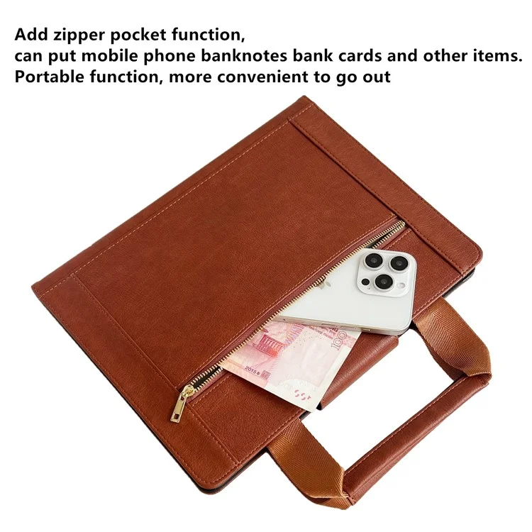 Tablet Case for iPad Air 11 (2025) / (2024) / Pro 11 (2022) / Air (2022) / (2020) Auto Wake / Sleep Leather Cover with Handle / Zipper Pouch - Brown