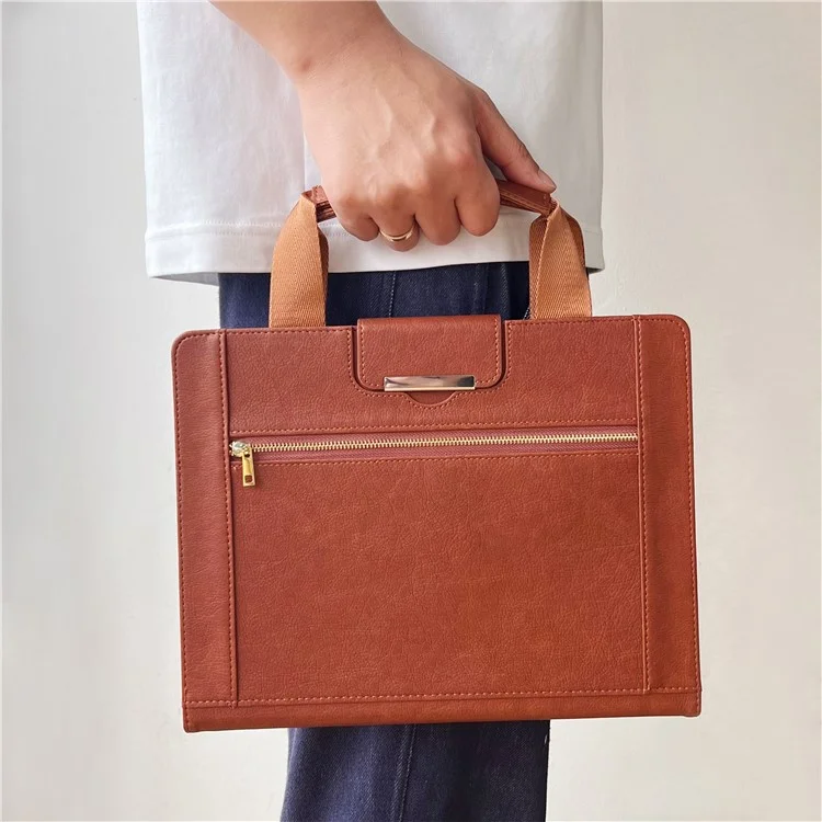 Tablet Case for iPad Air 11 (2025) / (2024) / Pro 11 (2022) / Air (2022) / (2020) Auto Wake / Sleep Leather Cover with Handle / Zipper Pouch - Brown