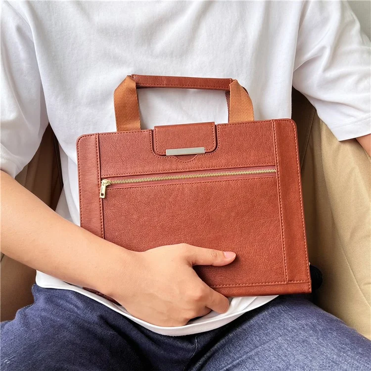 Tablet Case for iPad Air 11 (2025) / (2024) / Pro 11 (2022) / Air (2022) / (2020) Auto Wake / Sleep Leather Cover with Handle / Zipper Pouch - Brown