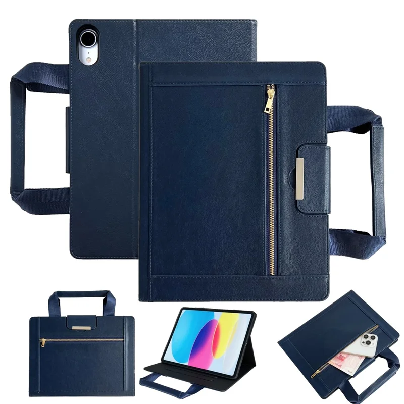 Tablet Case for iPad 10.9 (2022) / iPad (2025) Auto Wake / Sleep Leather Cover with Handle / Zipper Pouch - Sapphire
