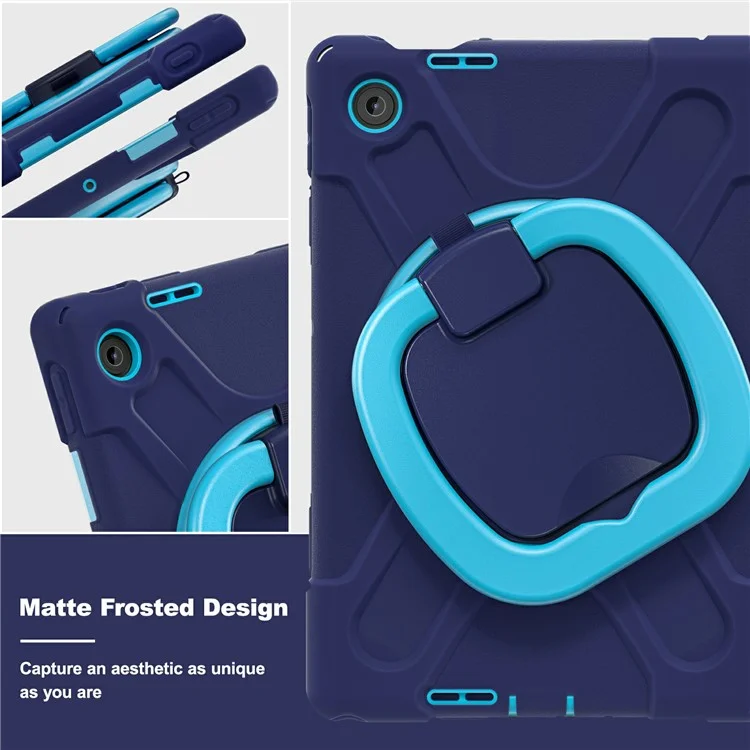 For Lenovo Tab 10.1 (2025) TB311XU / Zhaoyang K10C Case TPU + PC + Silicone Tablet Cover Swivel Kickstand Handle Grip - Navy Blue
