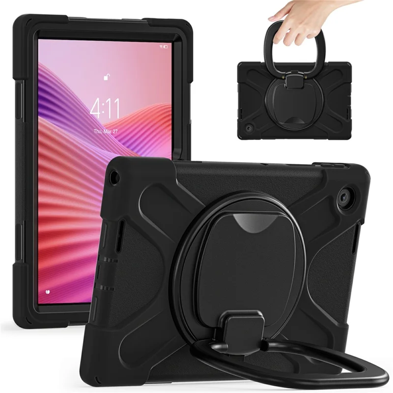 For Lenovo Tab 10.1 (2025) TB311XU / Zhaoyang K10C Case TPU + PC + Silicone Tablet Cover Swivel Kickstand Handle Grip - Black