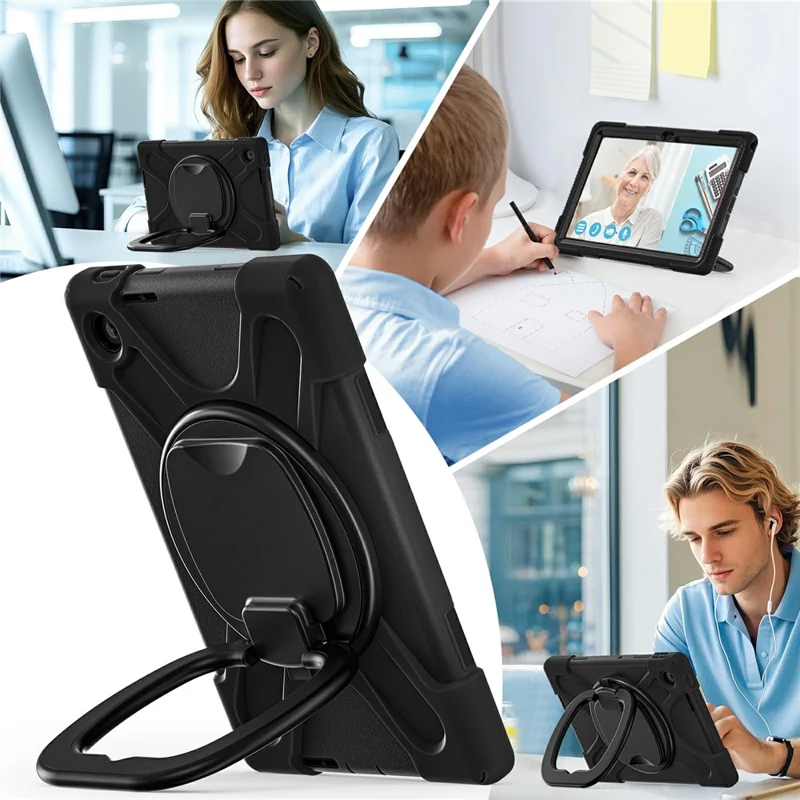For Lenovo Tab 10.1 (2025) TB311XU / Zhaoyang K10C Case TPU + PC + Silicone Tablet Cover Swivel Kickstand Handle Grip - Black
