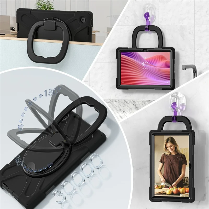 For Lenovo Tab 10.1 (2025) TB311XU / Zhaoyang K10C Case TPU + PC + Silicone Tablet Cover Swivel Kickstand Handle Grip - Black