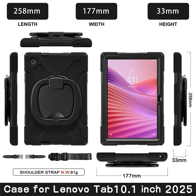 For Lenovo Tab 10.1 (2025) TB311XU / Zhaoyang K10C Case TPU + PC + Silicone Tablet Cover Swivel Kickstand Handle Grip - Black