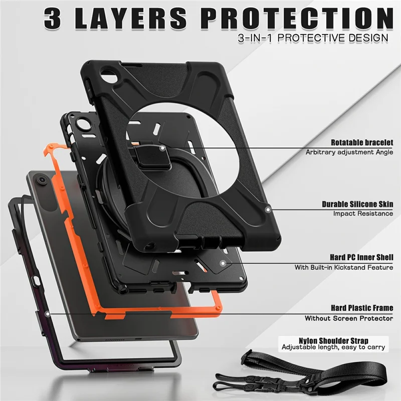 For Lenovo Tab 10.1 (2025) TB311XU / Zhaoyang K10C Case TPU + PC + Silicone Tablet Cover Swivel Kickstand Handle Grip - Black