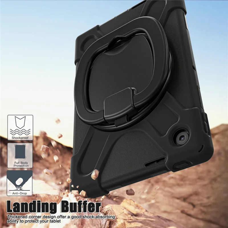 For Lenovo Tab 10.1 (2025) TB311XU / Zhaoyang K10C Case TPU + PC + Silicone Tablet Cover Swivel Kickstand Handle Grip - Black