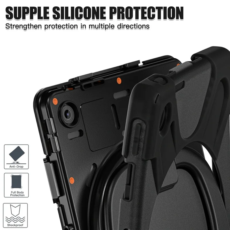 For Lenovo Tab 10.1 (2025) TB311XU / Zhaoyang K10C Case TPU + PC + Silicone Tablet Cover Swivel Kickstand Handle Grip - Black