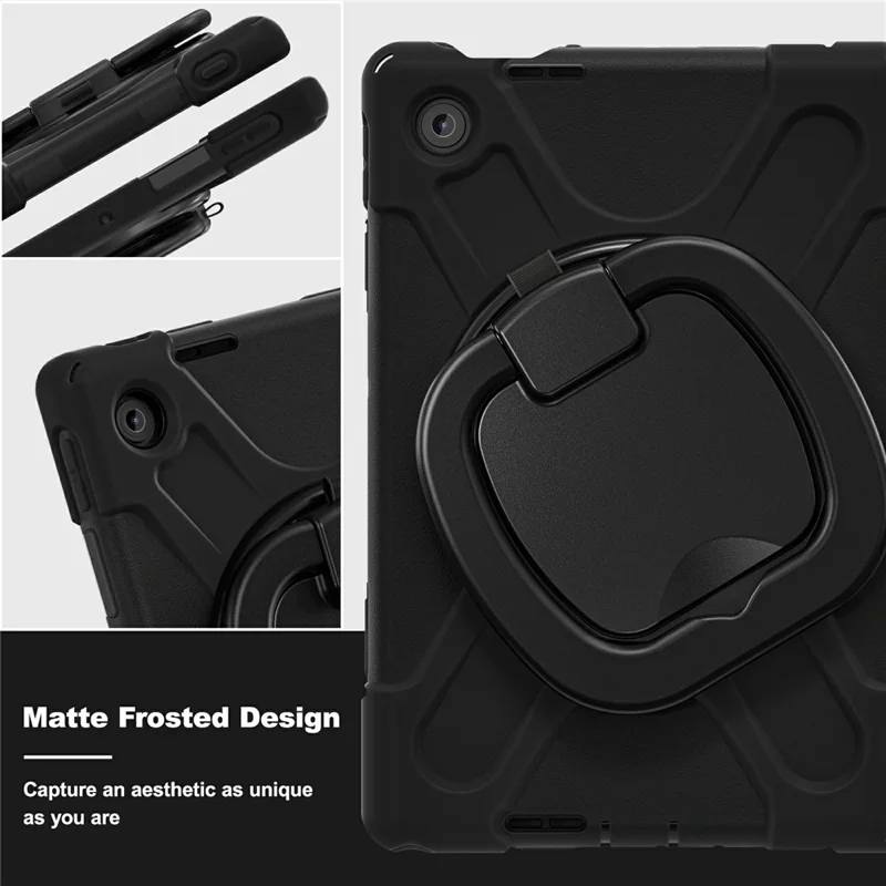 For Lenovo Tab 10.1 (2025) TB311XU / Zhaoyang K10C Case TPU + PC + Silicone Tablet Cover Swivel Kickstand Handle Grip - Black