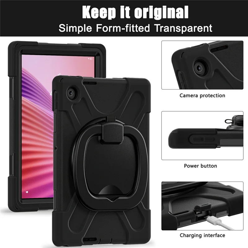 For Lenovo Tab 10.1 (2025) TB311XU / Zhaoyang K10C Case TPU + PC + Silicone Tablet Cover Swivel Kickstand Handle Grip - Black