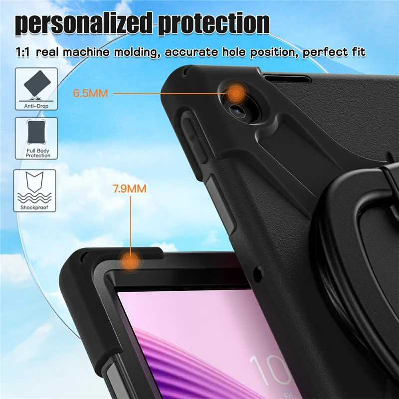 For Lenovo Tab 10.1 (2025) TB311XU / Zhaoyang K10C Case TPU + PC + Silicone Tablet Cover Swivel Kickstand Handle Grip - Black