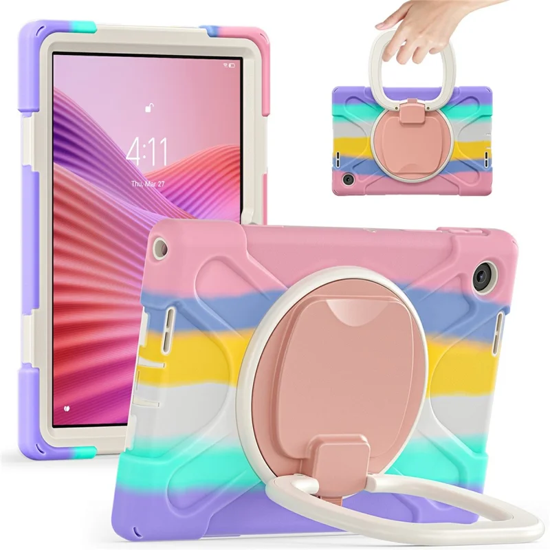 For Lenovo Tab 10.1 (2025) TB311XU / Zhaoyang K10C Case TPU + PC + Silicone Tablet Cover Swivel Kickstand Handle Grip - Colorful Pink