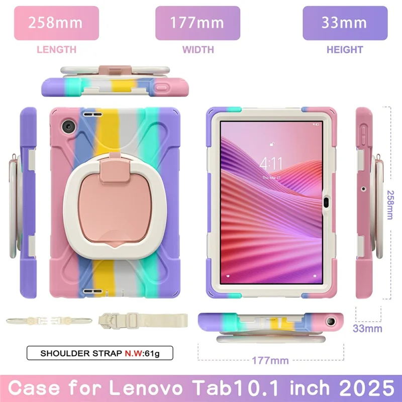 For Lenovo Tab 10.1 (2025) TB311XU / Zhaoyang K10C Case TPU + PC + Silicone Tablet Cover Swivel Kickstand Handle Grip - Colorful Pink
