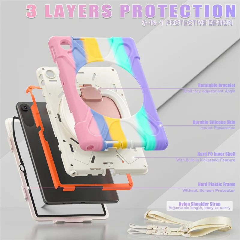 For Lenovo Tab 10.1 (2025) TB311XU / Zhaoyang K10C Case TPU + PC + Silicone Tablet Cover Swivel Kickstand Handle Grip - Colorful Pink