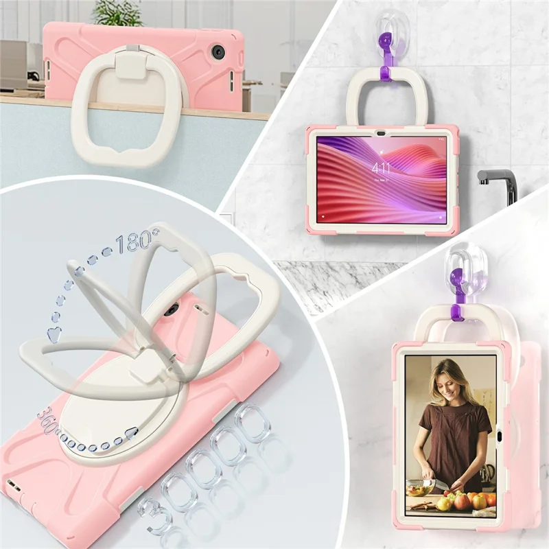 Funda para Lenovo Tab 10,1" (2025) TB311XU de TPU + PC + Silicona con Soporte Giratorio y Asa de Agarre - Rosa