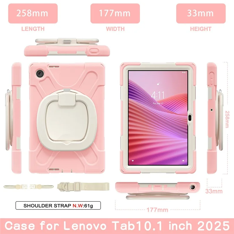 Funda para Lenovo Tab 10,1" (2025) TB311XU de TPU + PC + Silicona con Soporte Giratorio y Asa de Agarre - Rosa