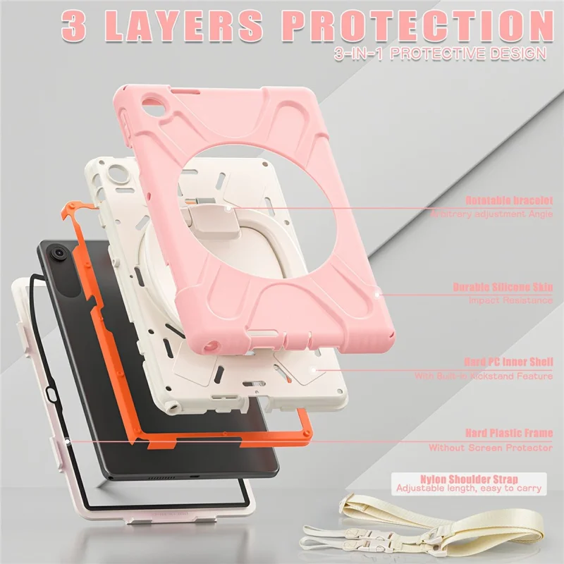 Funda para Lenovo Tab 10,1" (2025) TB311XU de TPU + PC + Silicona con Soporte Giratorio y Asa de Agarre - Rosa