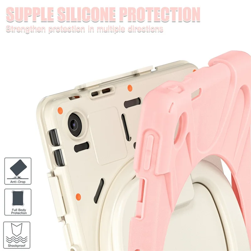 Funda para Lenovo Tab 10,1" (2025) TB311XU de TPU + PC + Silicona con Soporte Giratorio y Asa de Agarre - Rosa