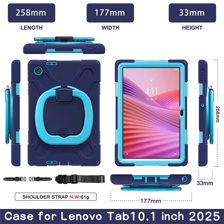 Funda para Lenovo Tab 10,1 (2025) TB311XU2 / Zhaoyang K10C con Correa para el Hombro TPU + PC + Soporte de Silicona - Azul Marino
