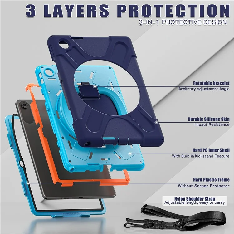 Funda para Lenovo Tab 10,1 (2025) TB311XU2 / Zhaoyang K10C con Correa para el Hombro TPU + PC + Soporte de Silicona - Azul Marino